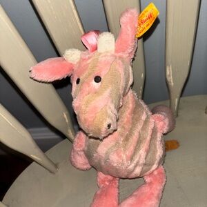 Steiff Pink and Cream Striped Giraffe Plush Toy. Rattle